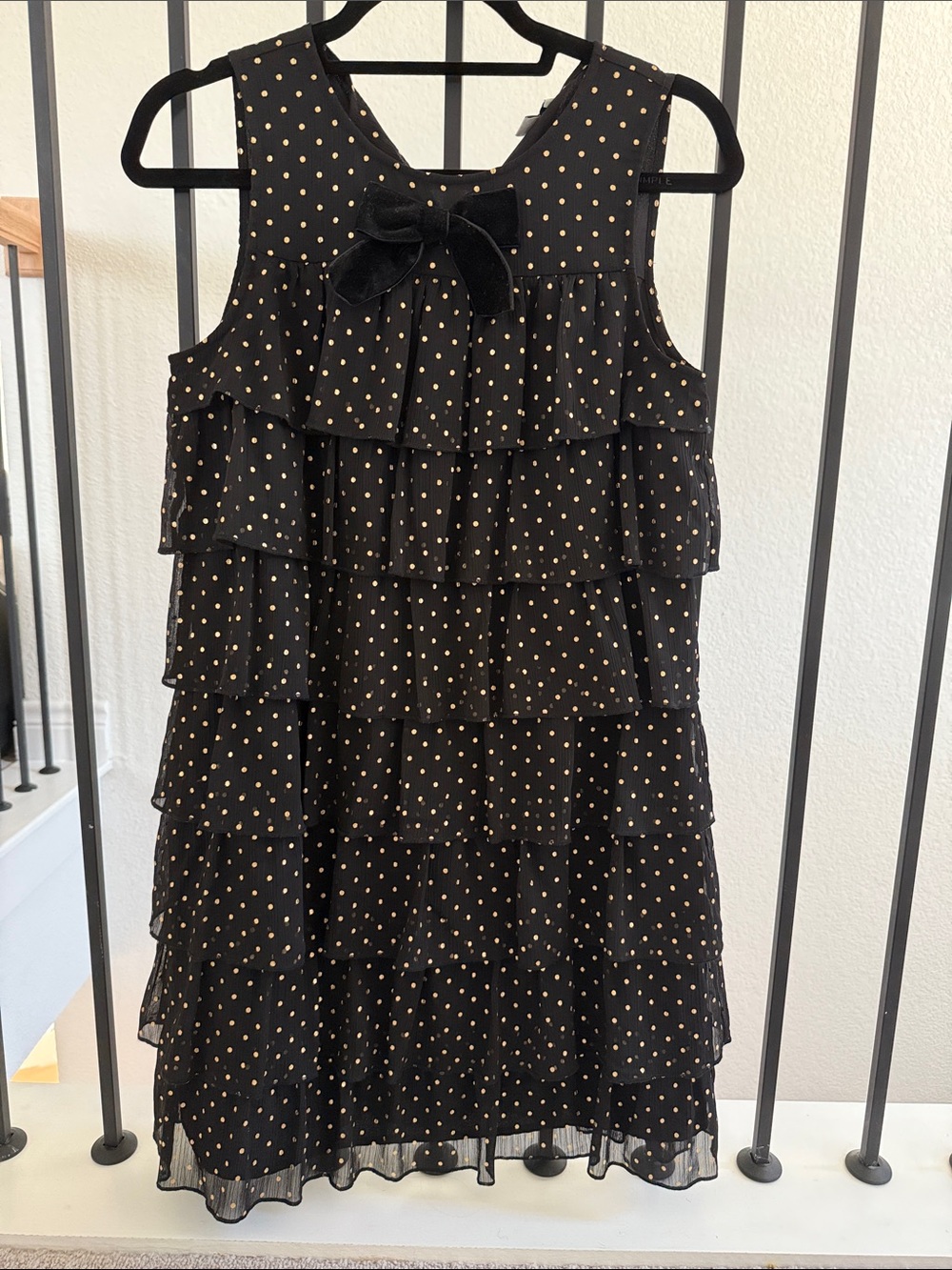 J. Crew Factory Black Mini Dress with Gold Polka Dots and Velvet Bow